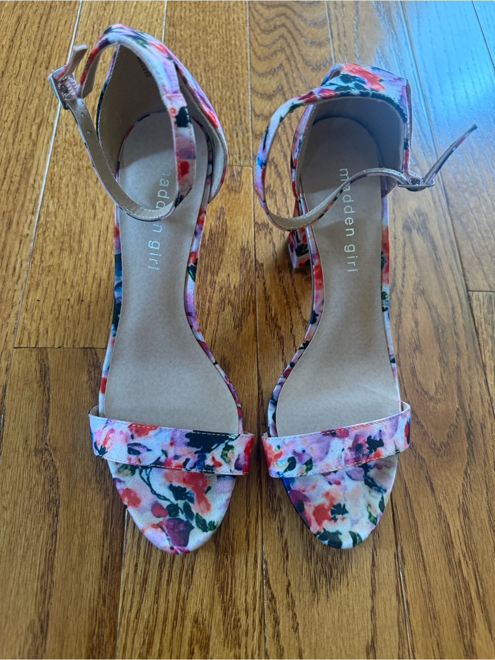 Madden Girl Pink Multi Floral Ankle-Strap Block Heels, Size 8